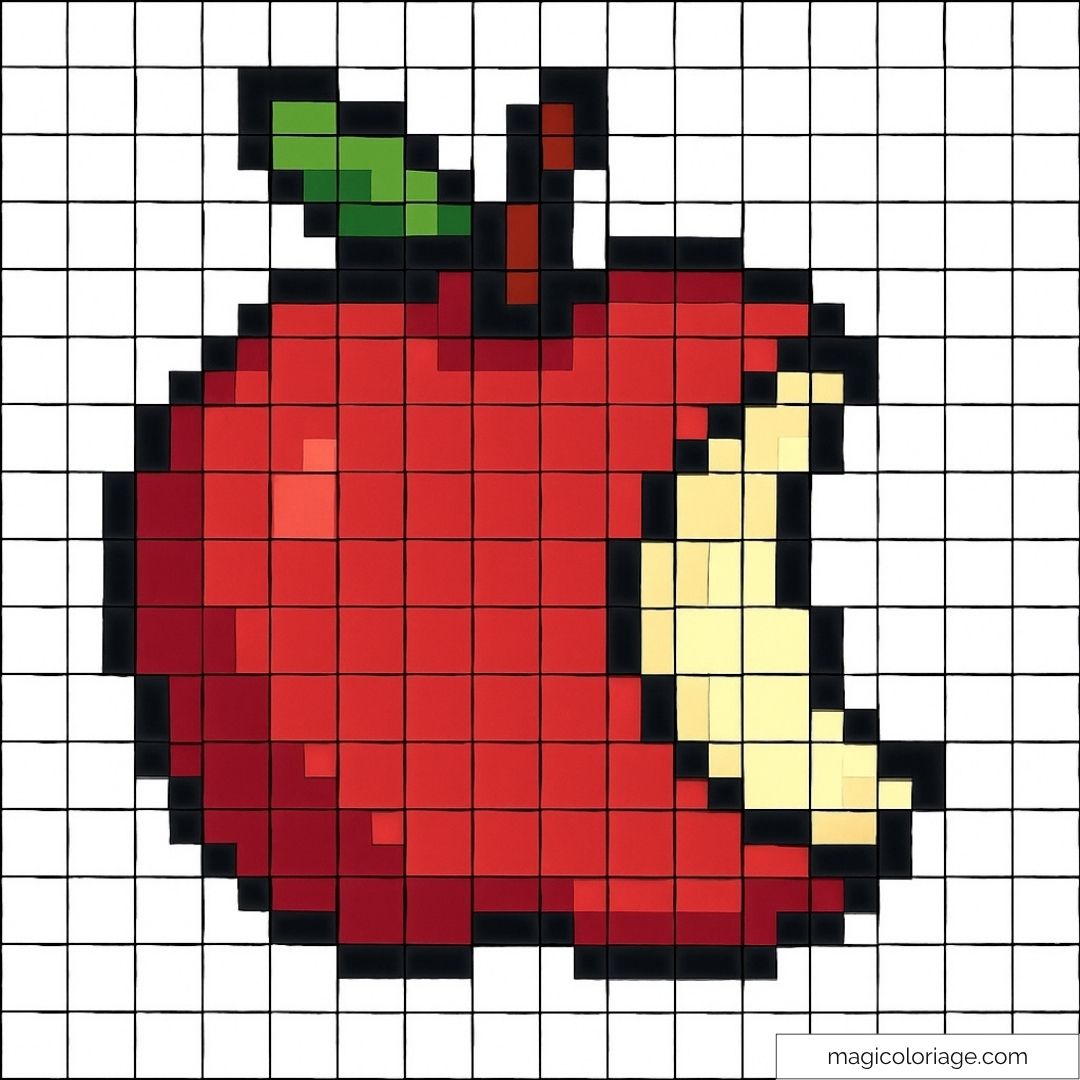 Pixel art d'une pomme rouge croquée