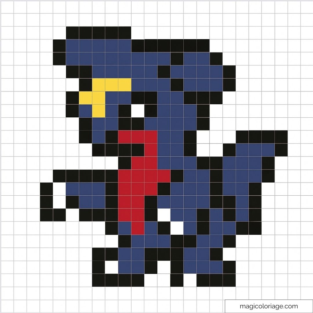 Pixel art de Gible dans des tons bleu et rouge