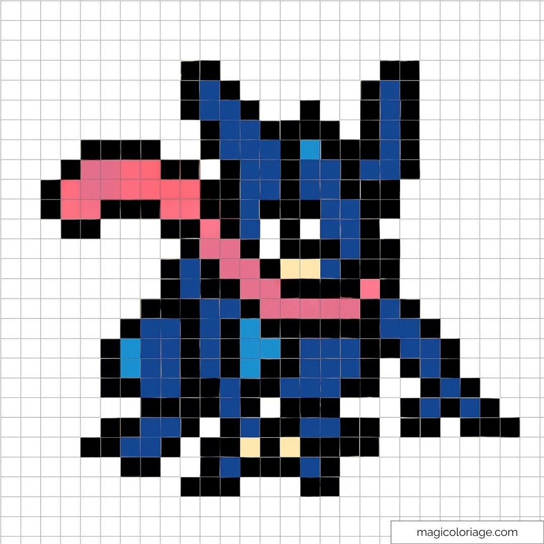 Pixel art Greninja dynamique avec nuances de bleu et rose