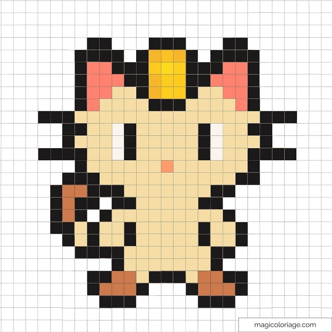 Pixel art Meowth représentant le célèbre Pokémon avec détails colorés.