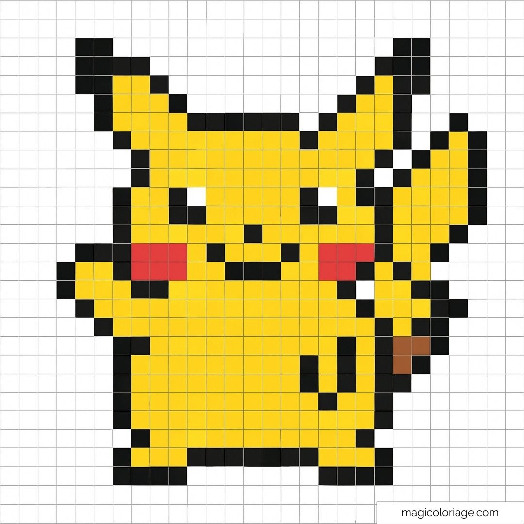 Pixel art de Pikachu souriant en jaune et noir sur grille.