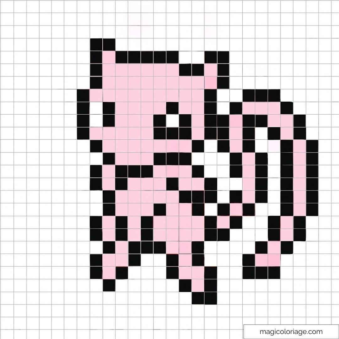 Pixel art de Mew rose avec contours noirs sur fond quadrillé