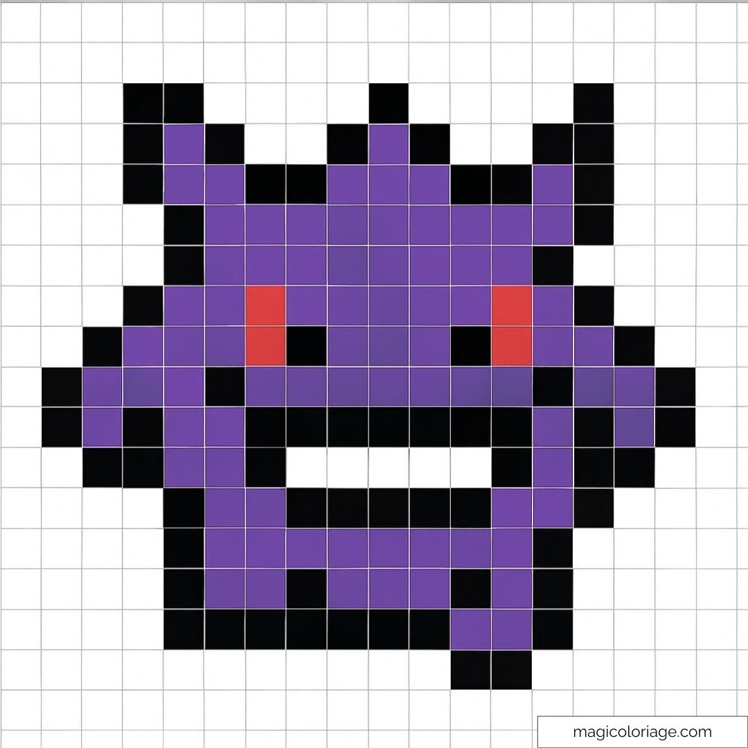 Pixel art du Pokémon Gengar avec un design violet et noir sur une grille