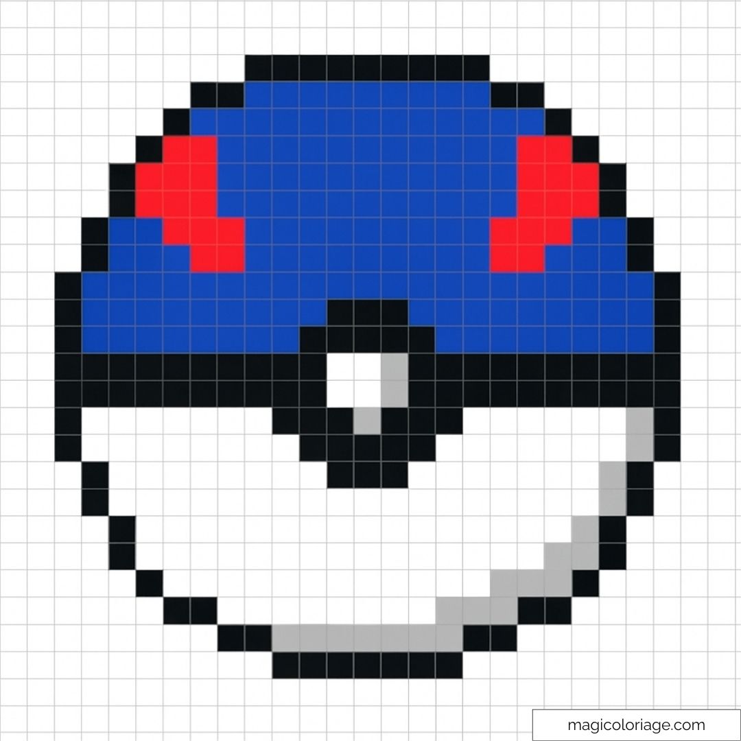 Pixel art Poké Ball avec détails rouges et bleus