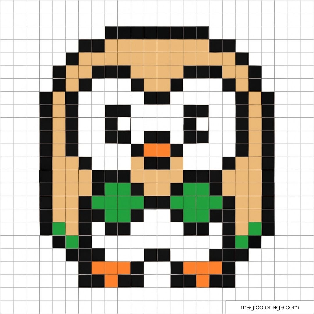 Pixel art de Rowlet Pokémon en grille