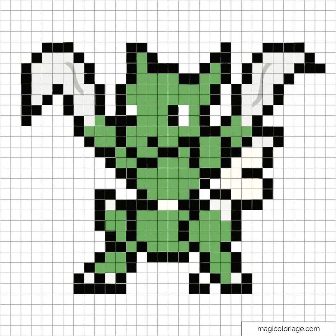 Pixel art montrant Scyther de Pokémon sur une grille avec des couleurs vertes et noires.