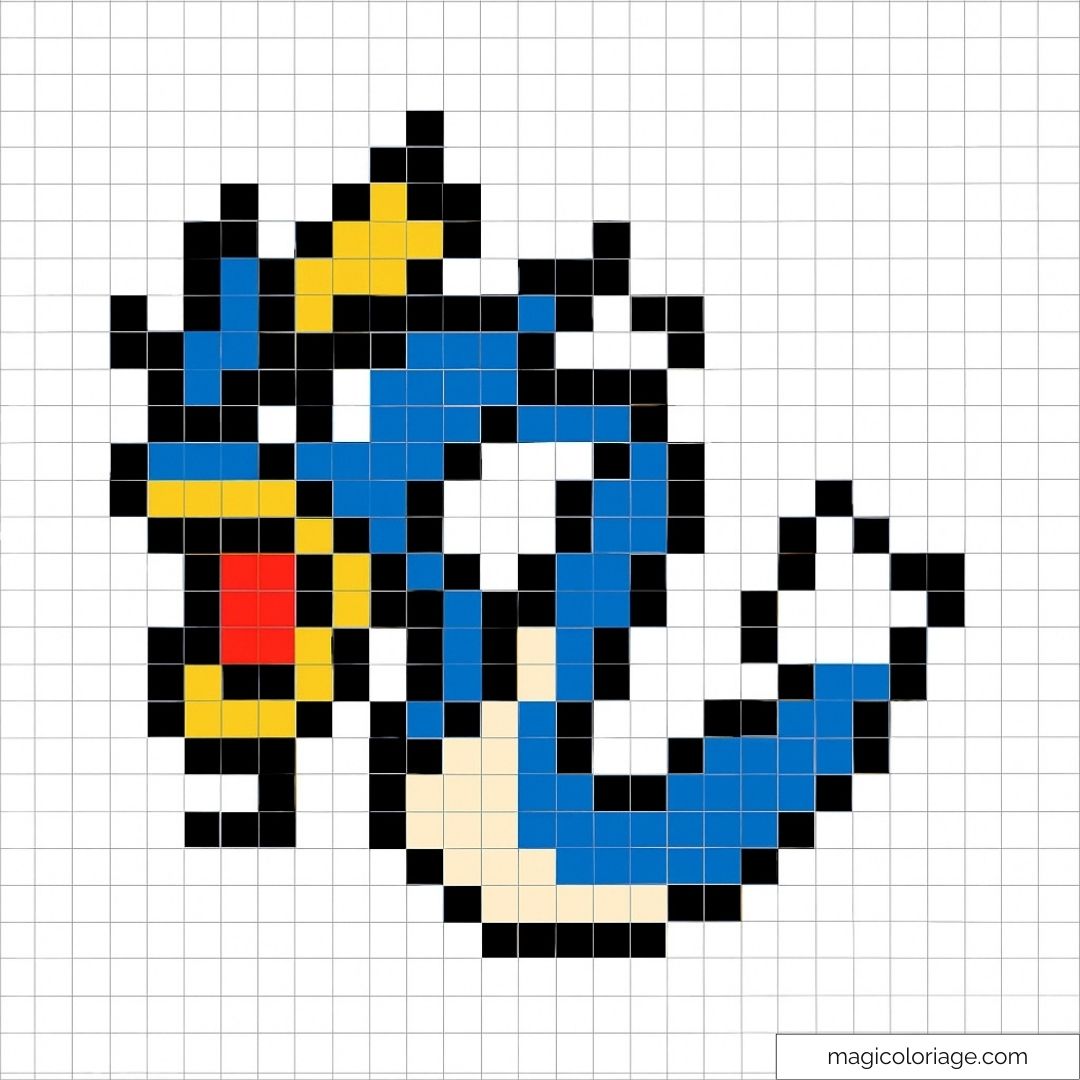 Serpent légendaire en pixel art aux couleurs bleu et jaune avec des nuances noires.