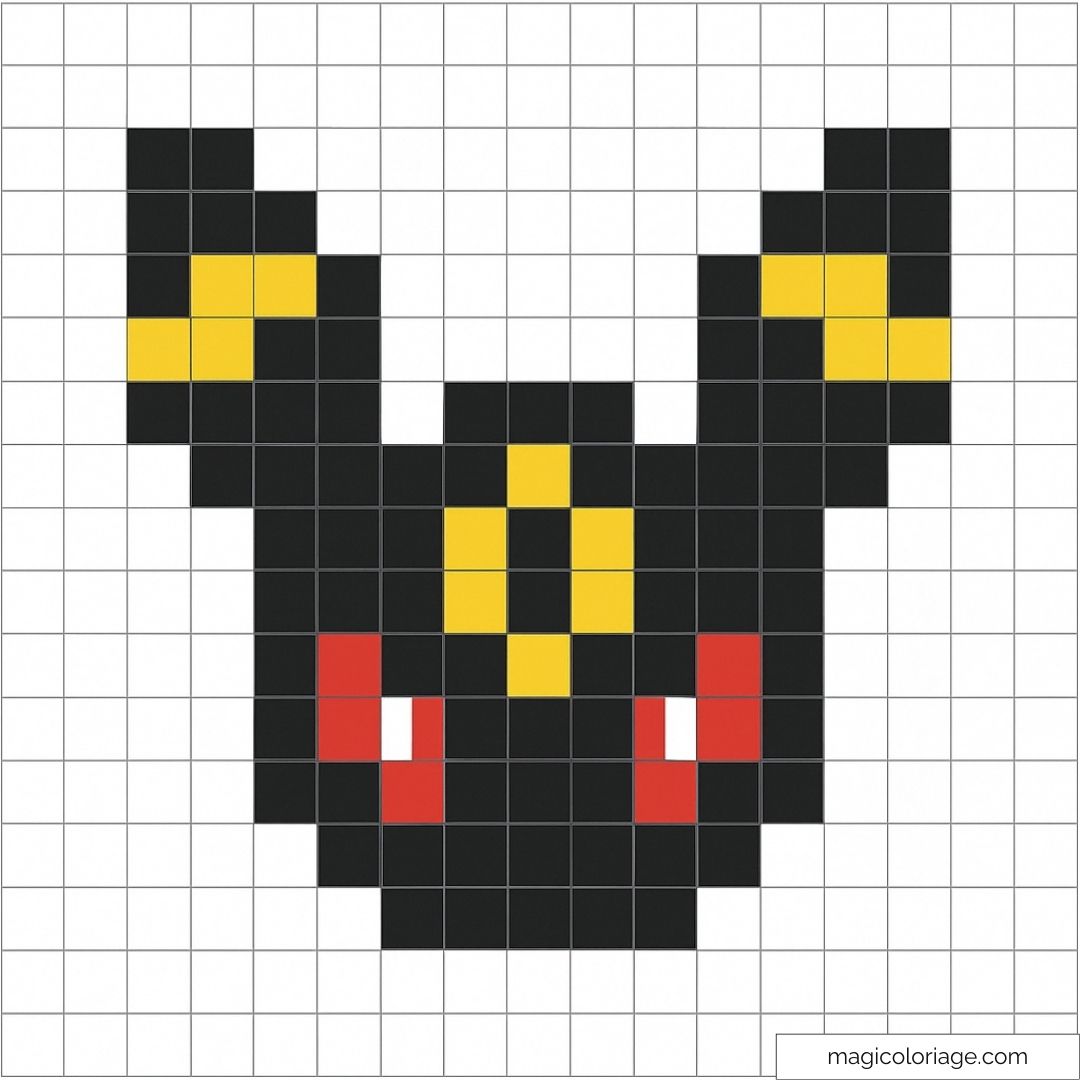 Pixel art d'Umbreon Pokémon avec des détails en noir et jaune.