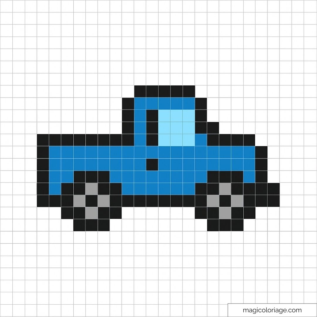 Camion pixel art bleu rétro avec roues noires et cabine simple.