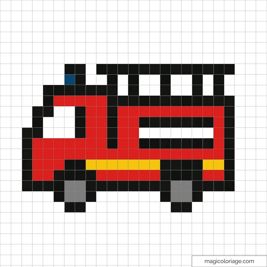 Pixel art véhicule rouge avec échelle et roues noires