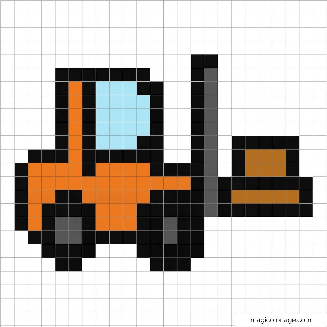 Pixel art chariot élévateur orange sur fond blanc.