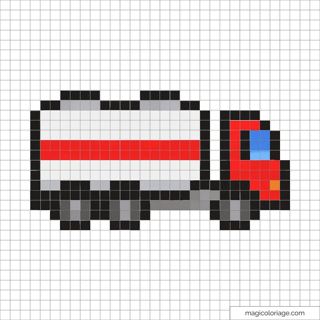 Pixel art camion-citerne rouge et blanc avec détails.