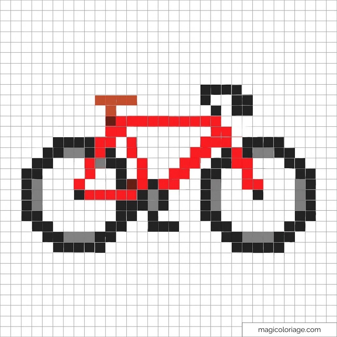 Pixel art d'un vélo rétro gris et rouge sur grille pour création facile.