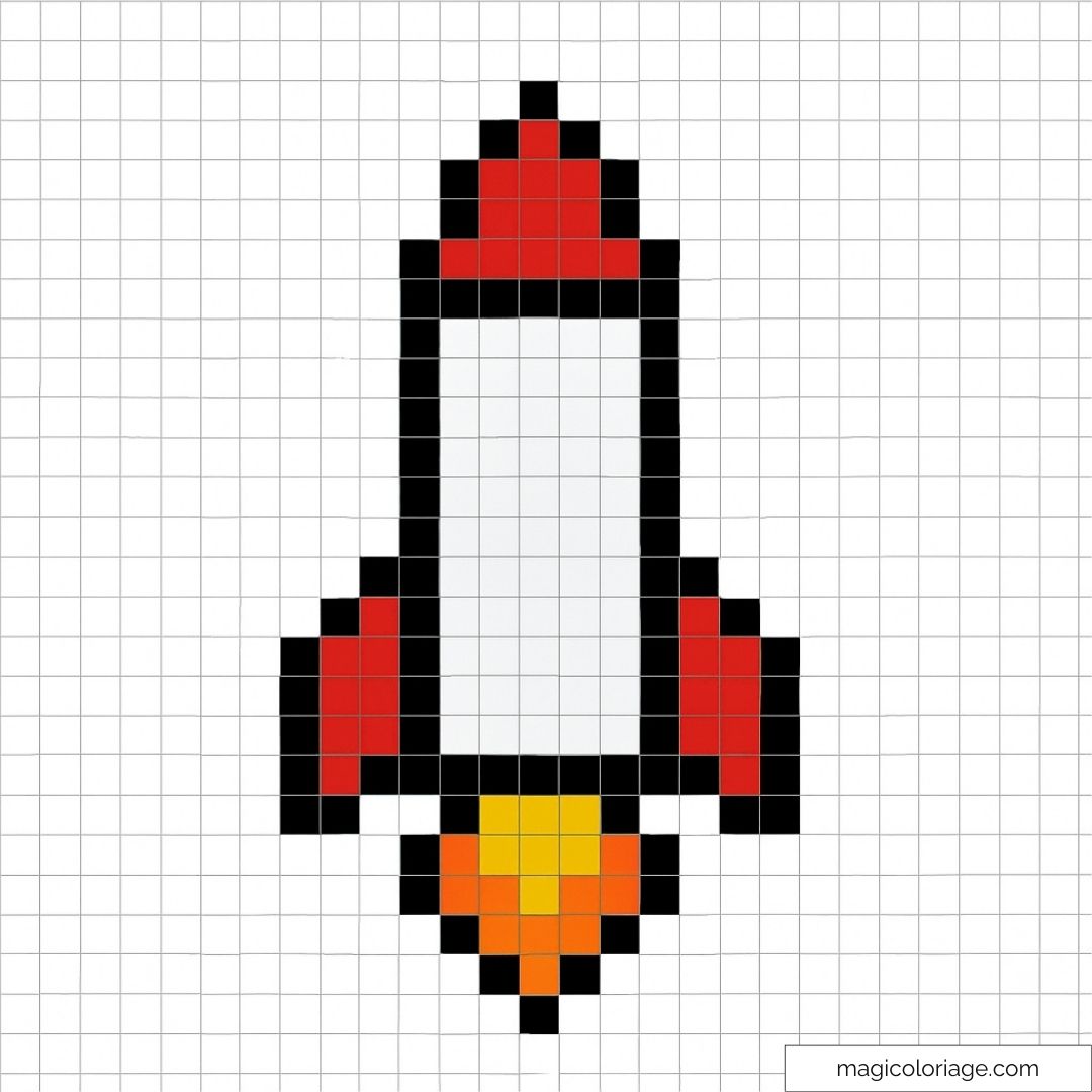 Fusée pixel art avec flammes colorées et détails en rouge et orange.
