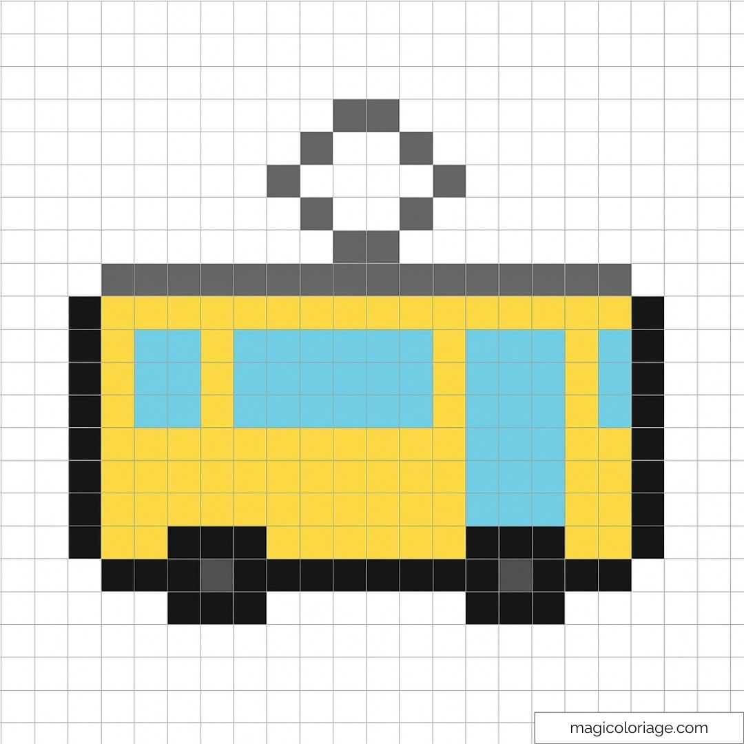 Tramway pixel art jaune sur fond quadrillé