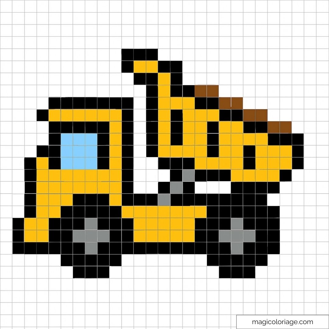Pixel art camion-bétonnière jaune avec fenêtre bleue