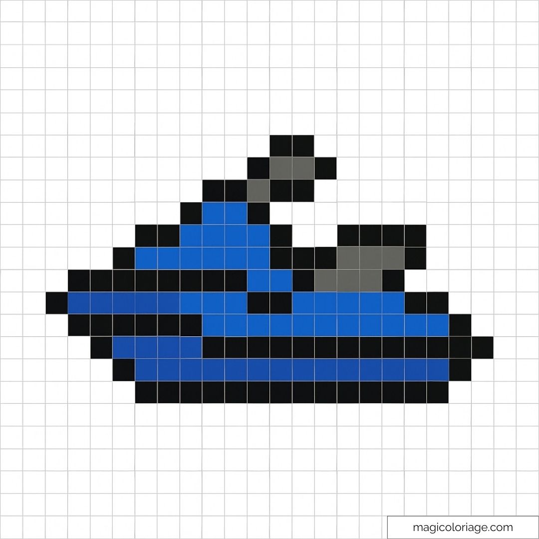 Pixel art de jet-ski bleu avec des lignes noires et grises