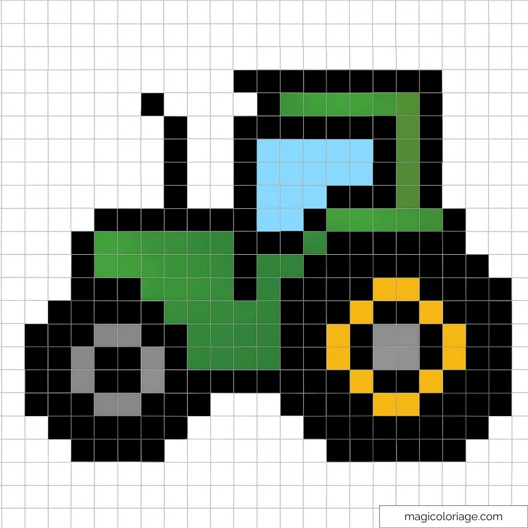 Pixel art tracteur vert et noir avec roues larges sur fond transparent.