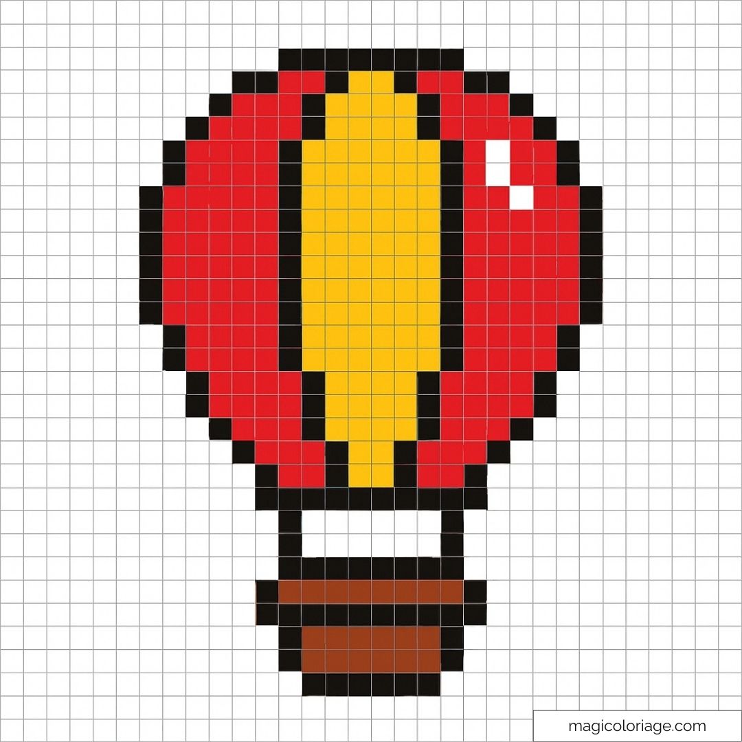 Pixel art montgolfière rouge et jaune sur fond blanc.