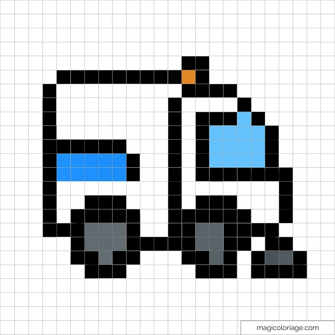 Pixel art véhicule avec cabine et roues gris clair sur fond blanc.