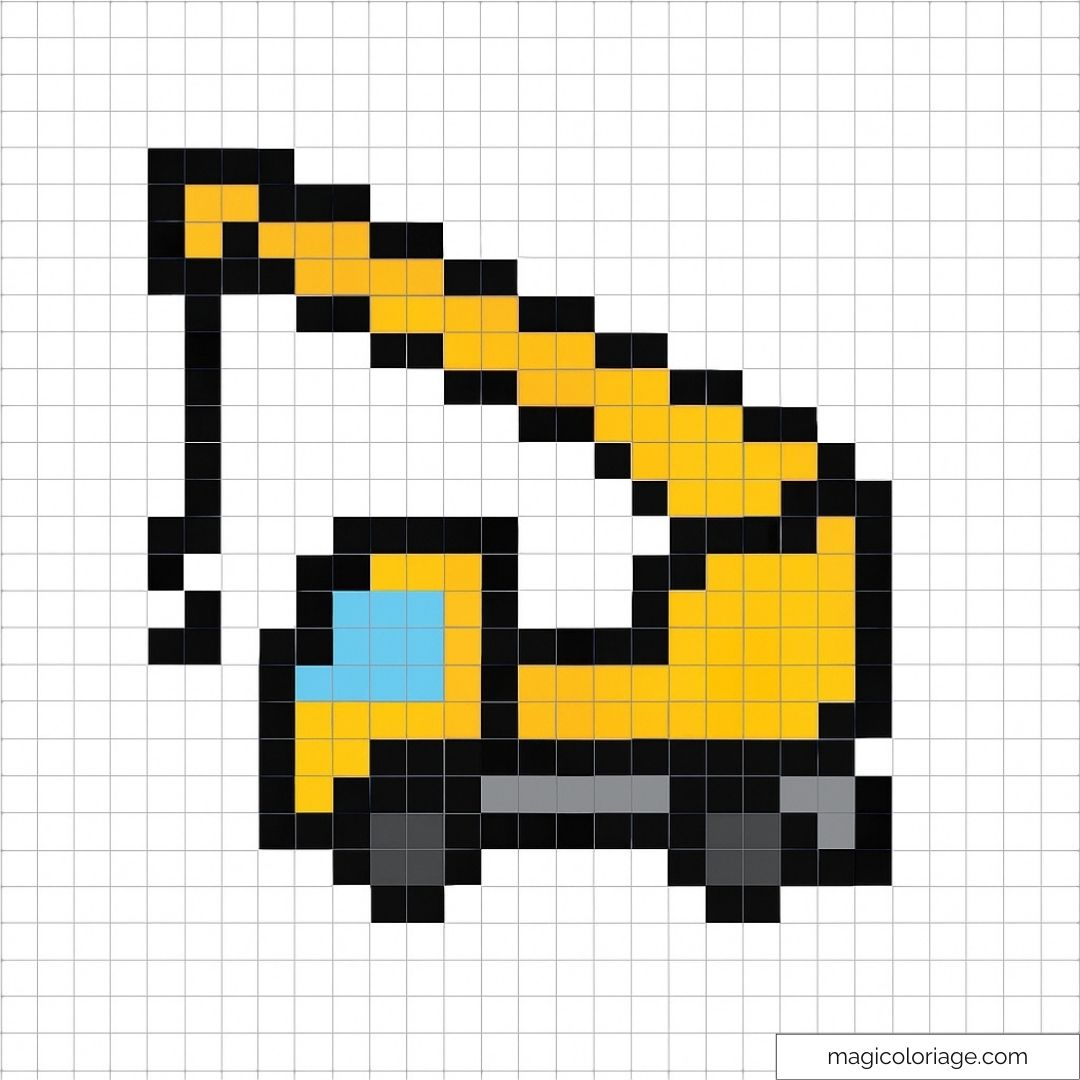 Pixel art simple d'une excavatrice jaune avec grille noire