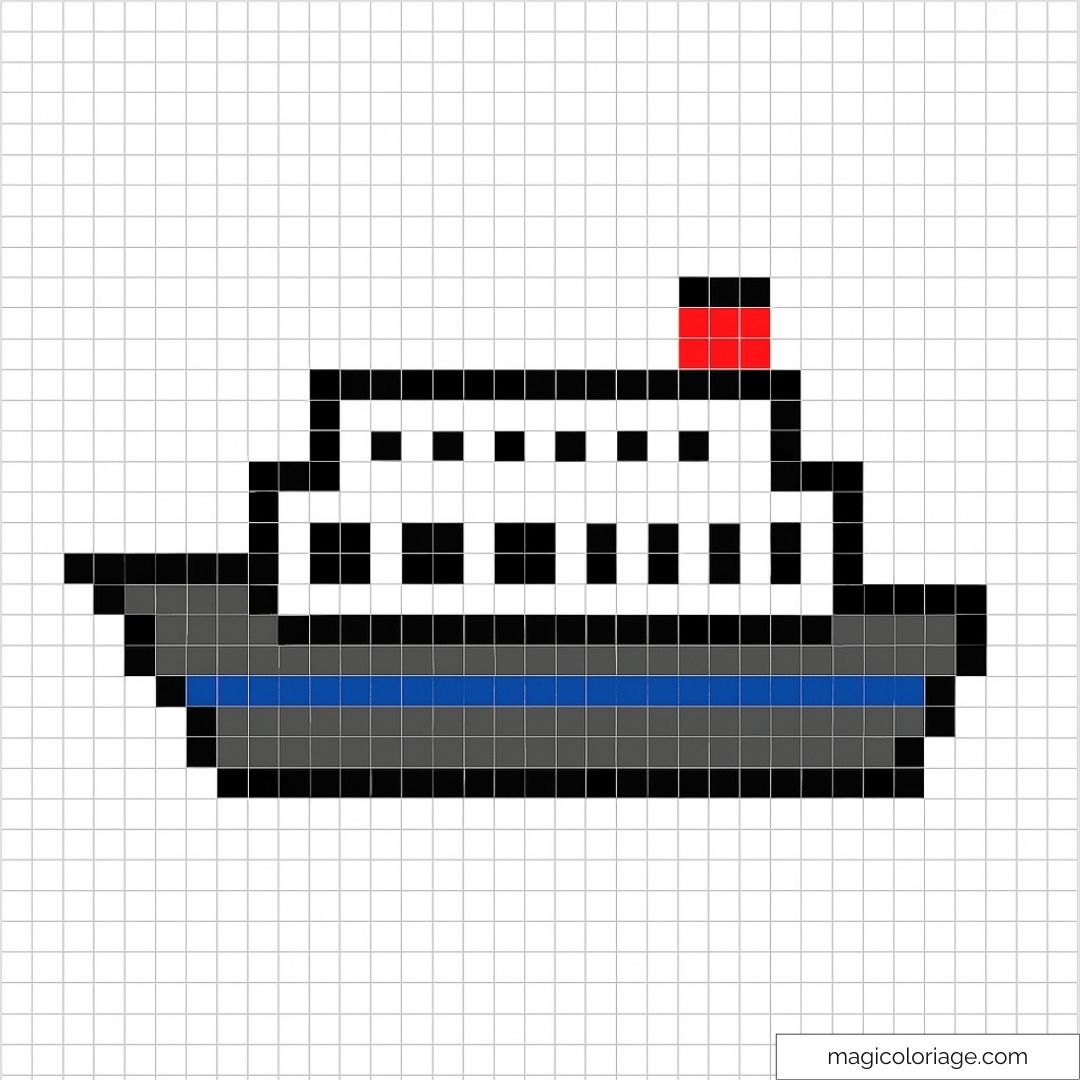 Dessin pixel art de paquebot emblématique avec cheminée rouge et ligne bleu marine.