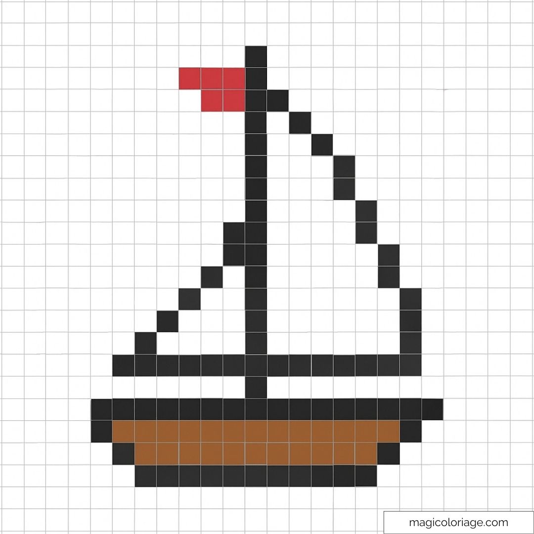 Voilier en pixel art avec coque brune et voile noire.