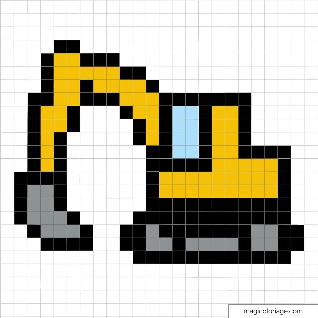 Pelleteuse pixel art jaune et grise sur quadrillage blanc.