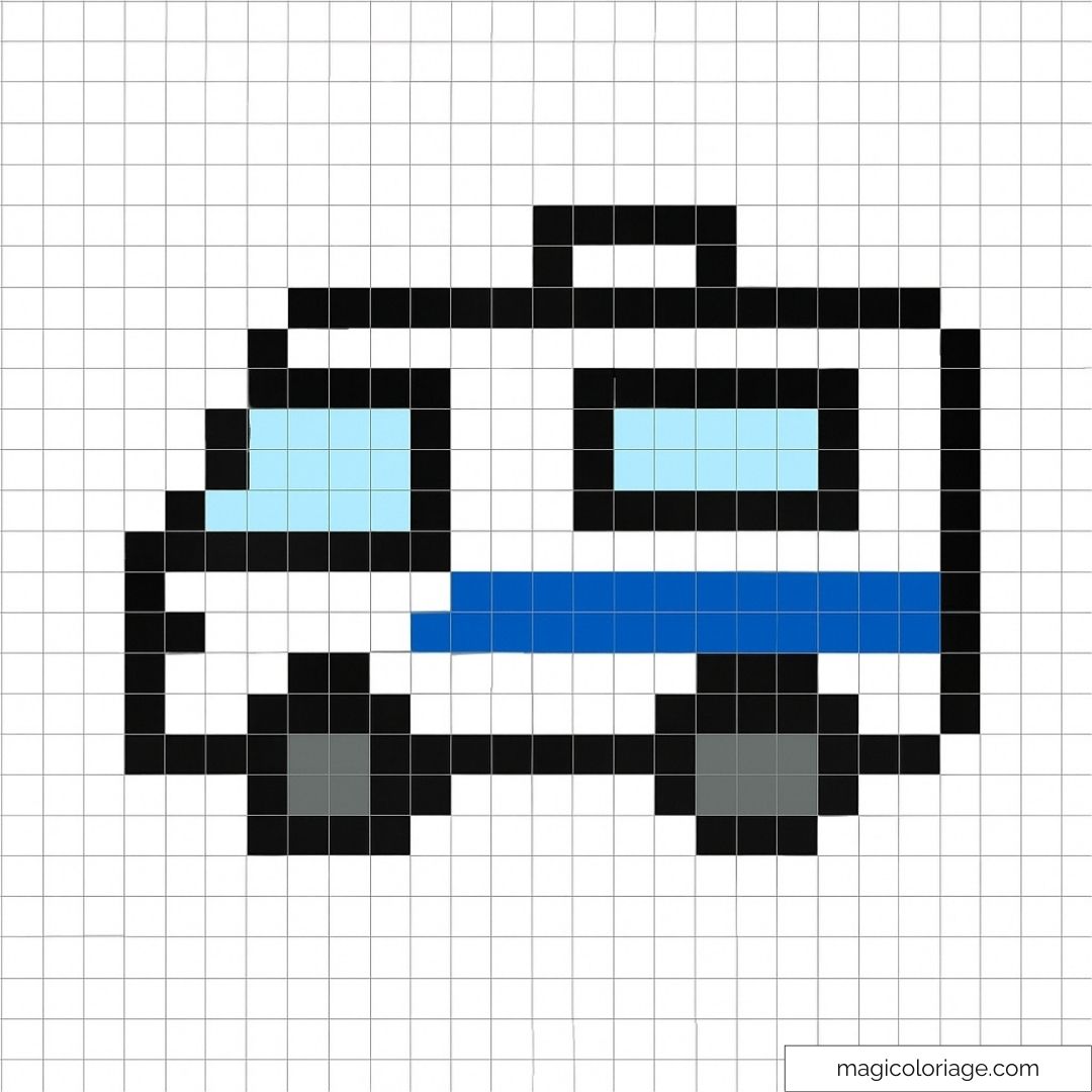 Van rétro en pixel art avec fenêtres et détails bleus et noirs.