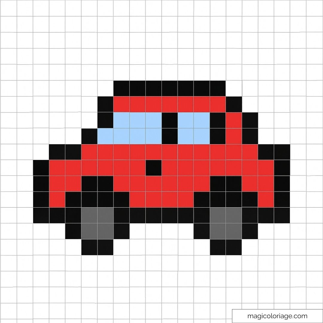 Pixel art d'une voiture rouge rétro sur fond blanc.