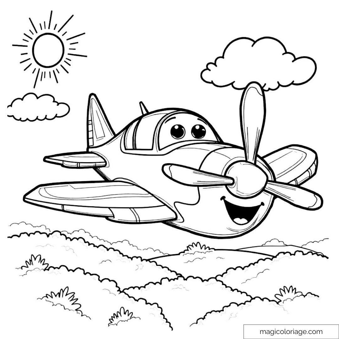 Dessin d'un avion souriant volant entre les nuages et le soleil