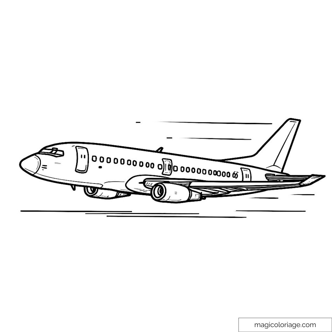 Dessin détaillé d'un avion sur piste à colorier.