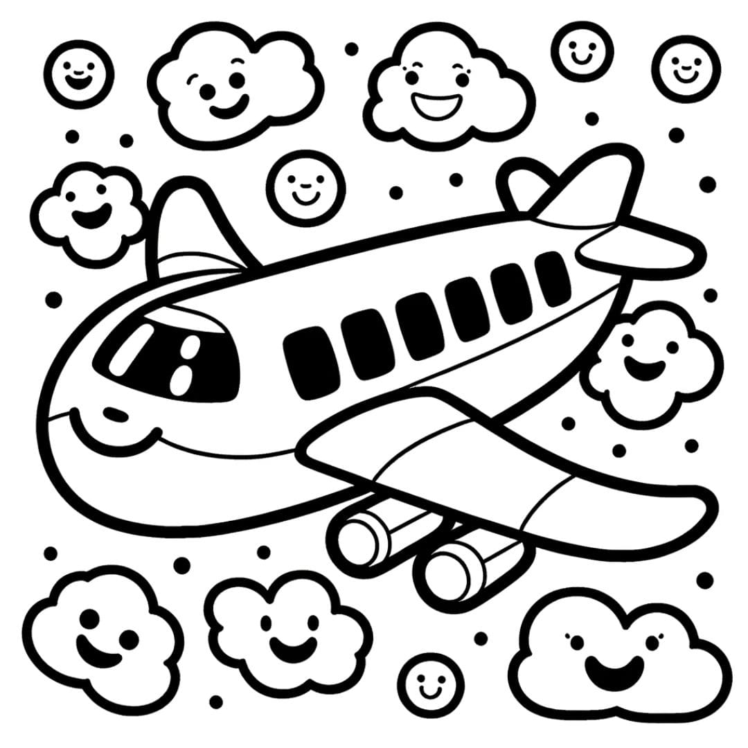 Coloriage d'un avion avec des visages souriants sur les fenêtres, parfait pour les tout-petits.