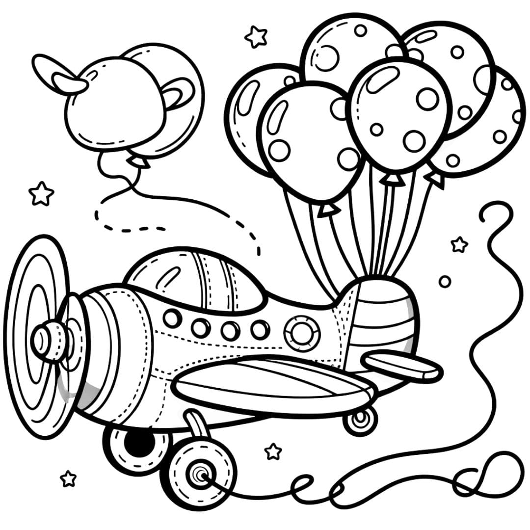 Coloriage d'un avion coloré avec des ballons, dessin ludique pour enfants en maternelle.