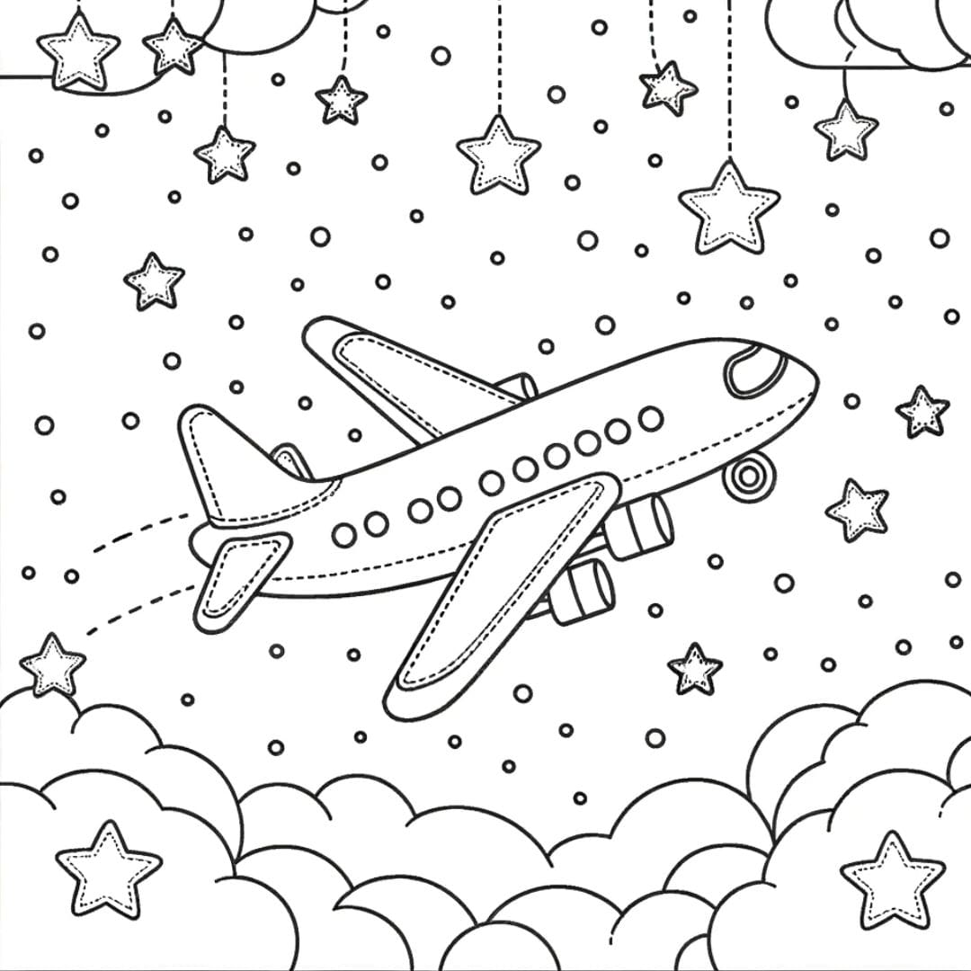 Coloriage d'un avion voyageant dans un ciel étoilé, dessin féerique pour enfants.