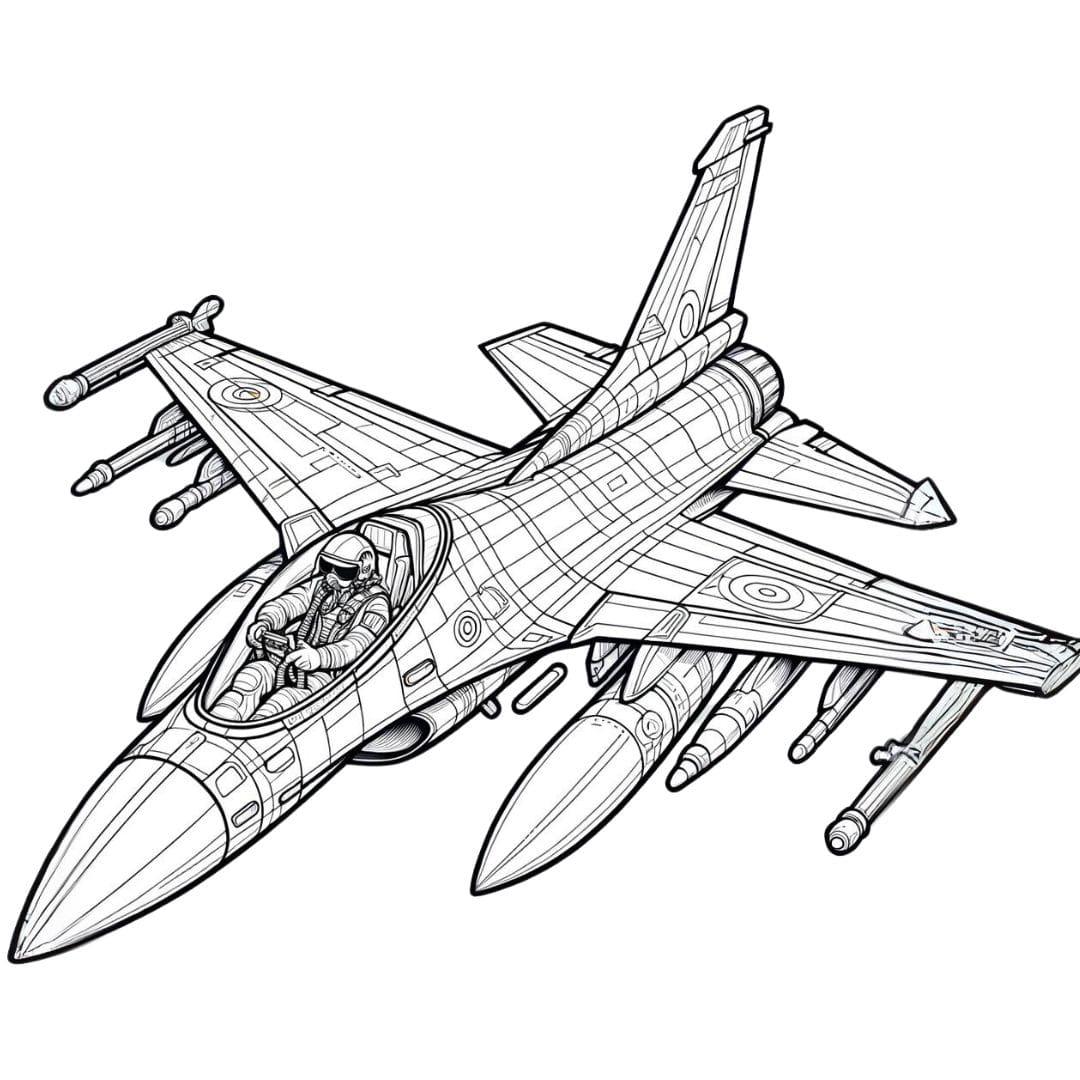 Coloriage d'un avion de chasse avec pilote en action, dessin héroïque pour enfants.