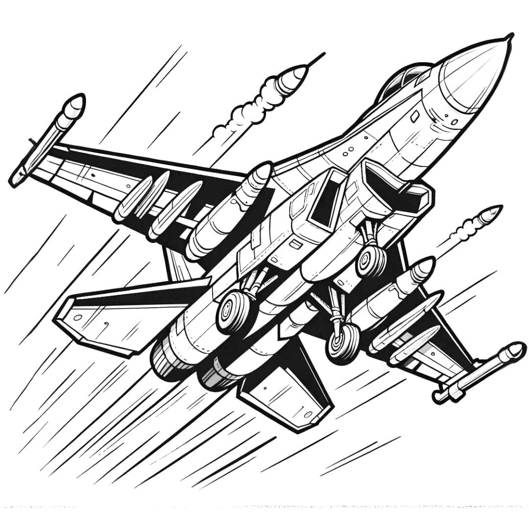Coloriage d'un avion de chasse décollant, dessin énergique pour enfants.