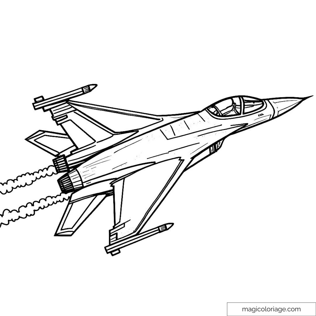 Coloriage avion de chasse avec détails et fumée en vol.