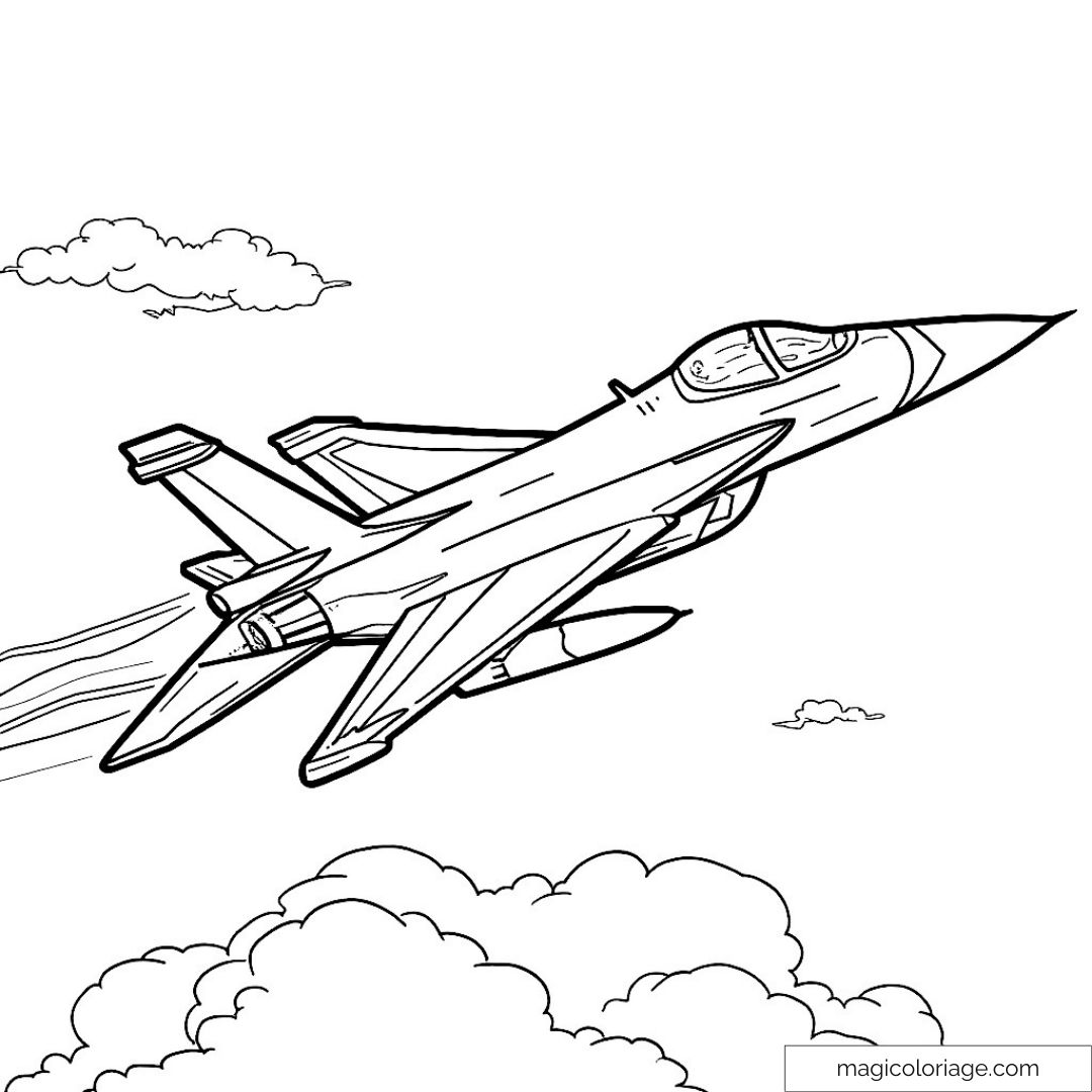 Dessin d'avion de chasse en vol avec nuages