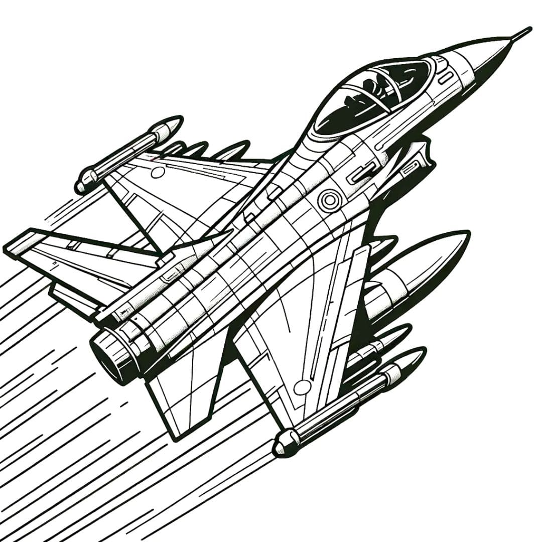 Coloriage d'un avion de chasse en vol rapide, dessin impressionnant pour enfants.