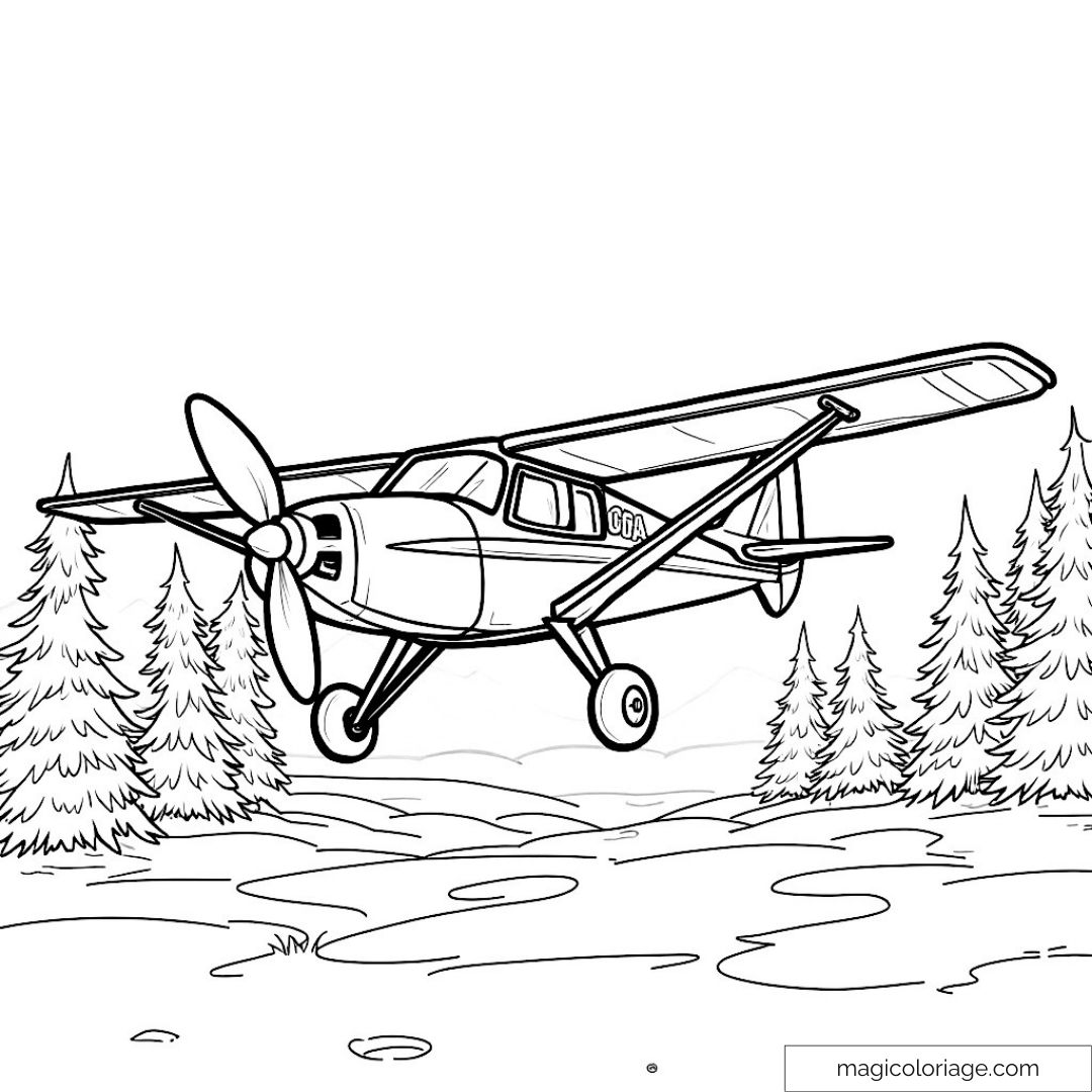 Dessin à colorier d'un avion volant au-dessus d'une forêt