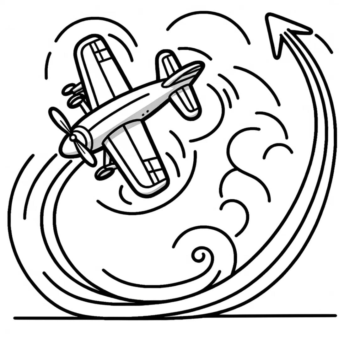 Coloriage d'un avion effectuant des acrobaties dans les airs, dessin simple pour enfants.