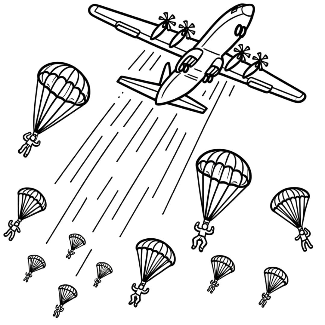 Coloriage d'un avion en action, larguant des parachutistes dans le ciel, pour enfants.