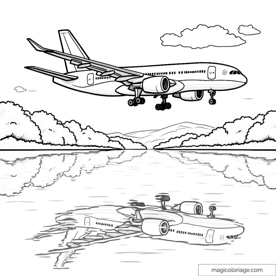 Coloriage d'un avion volant au-dessus d'une rivière paisible