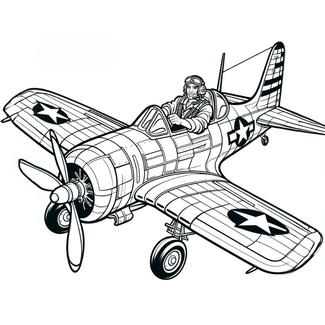 Coloriage d'un avion militaire avec un pilote héroïque, dessin engageant pour enfants.