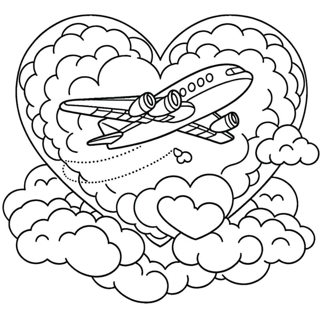 Coloriage d'un avion volant à travers un cœur formé par des nuages, dessin charmant pour enfants.
