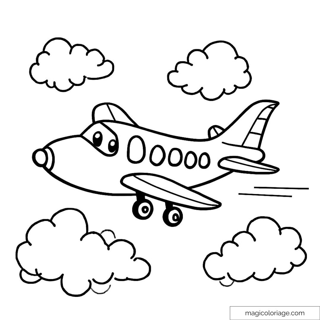 Dessin d'un avion souriant volant parmi des nuages moelleux