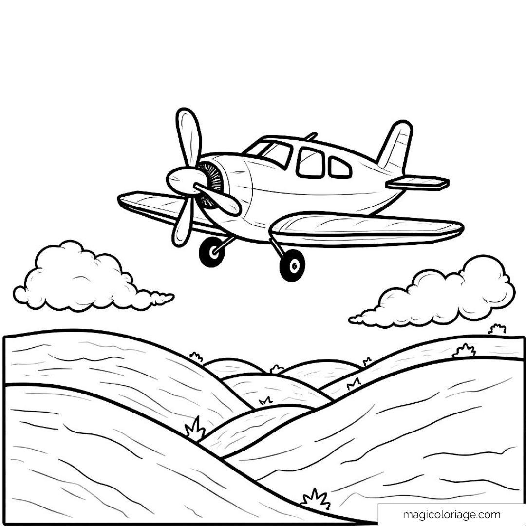 Coloriage avion survolant des collines et nuages pour enfants