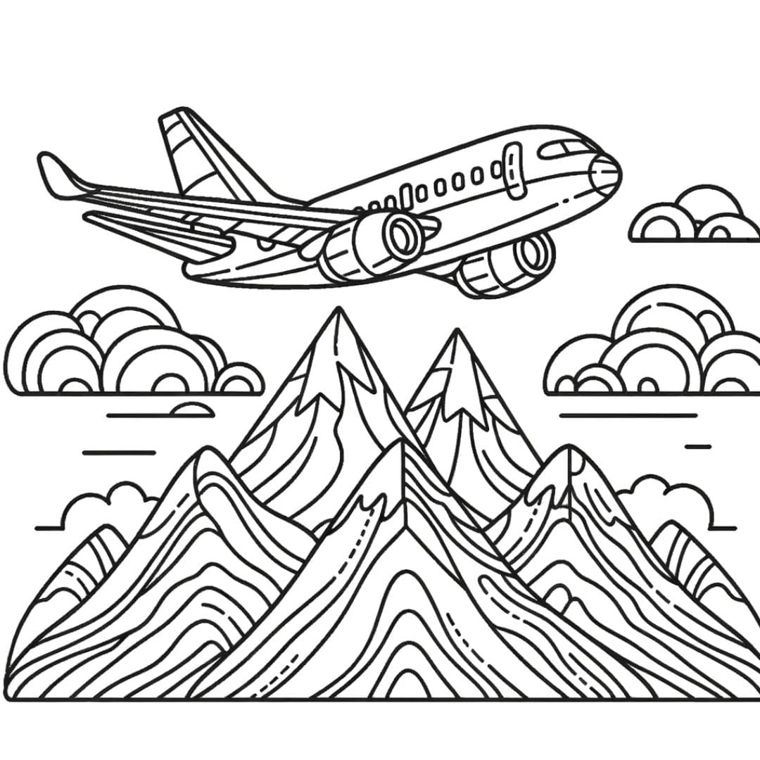 Coloriage d'un avion survolant une montagne majestueuse, idéal pour les enfants.