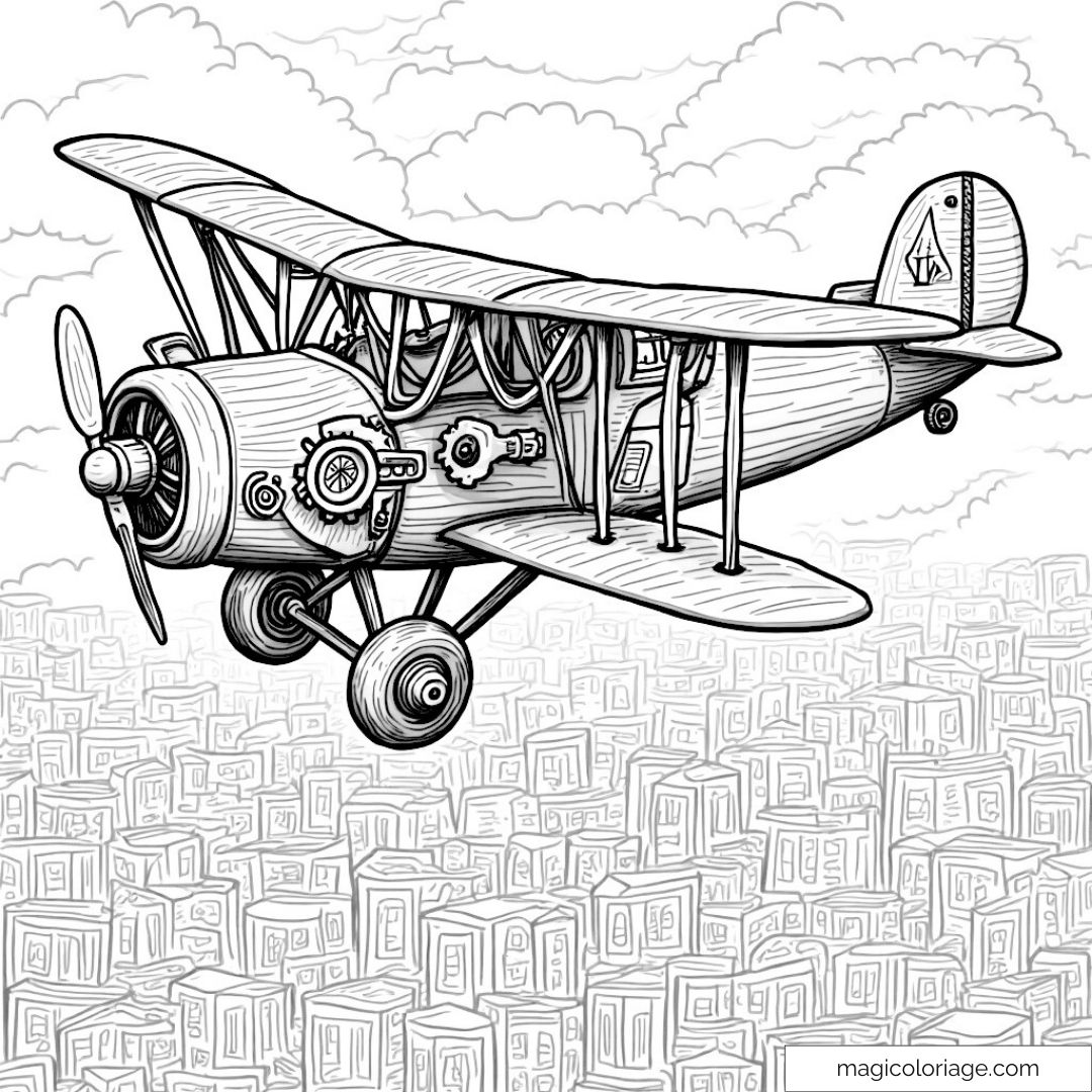Dessin d'un avion vintage volant au-dessus des immeubles de la ville.